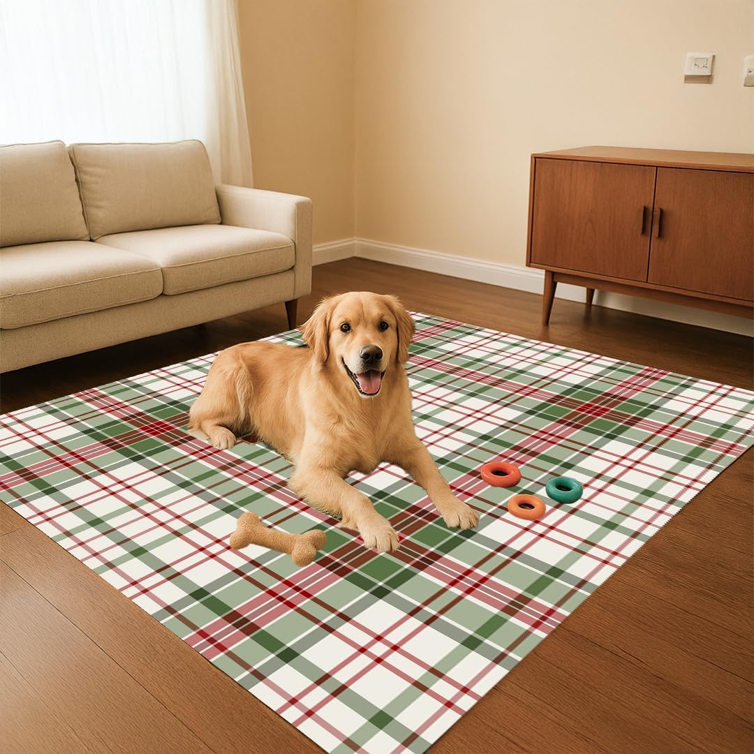 Muddy Mat® Plaid Washable Area Rugs for Living Room, Bedroom & Dining Room – Modern Soft Low Pile Non Slip Carpet – Pet Friendly Waterproof Foldable Rugs for Home