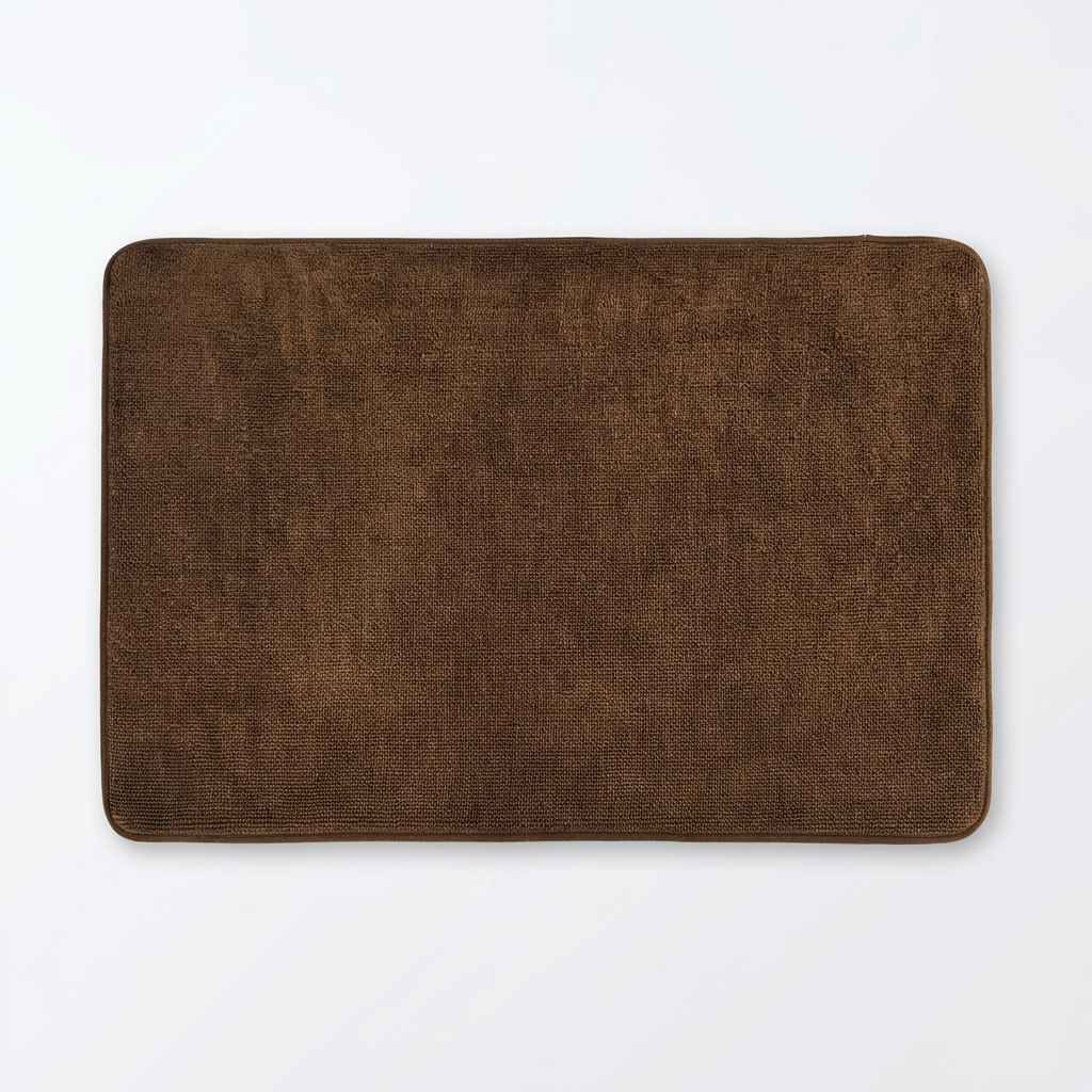 Top down view of brown rectangular chenille bath mat showing plush dense pile and stitched rounded corners on white background