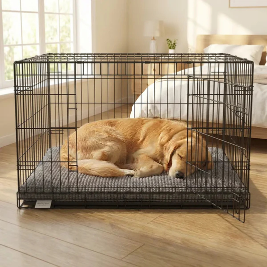 Golden retriever sleeping on gray padded crate dog bed inside an open black wire crate in a sunlit bedroom
