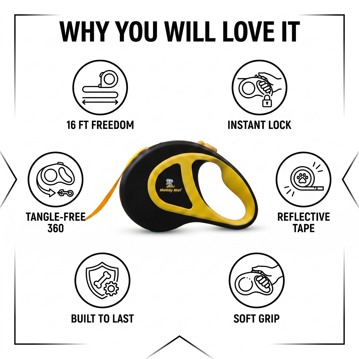 Muddy Mat® Retractable Dog Leash – 16 ft Heavy Duty Tape Leash for Small & Medium Dogs up to 44 lbs | One-Button Brake, 360° Tangle-Free | Ergonomic Grip