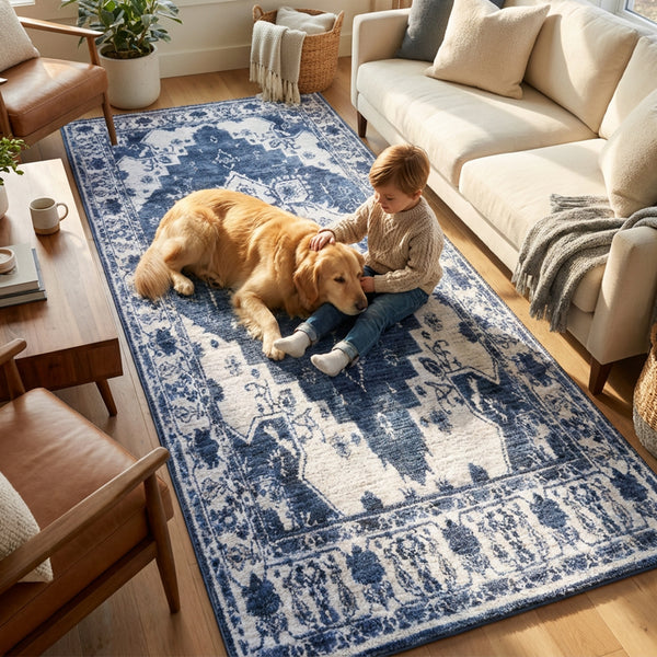 Muddy Mat® Navybell Washable Area Rugs for Living Room, Bedroom & Dining Room – Modern Soft Low Pile Non Slip Carpet – Pet Friendly Waterproof Foldable Rugs for Home