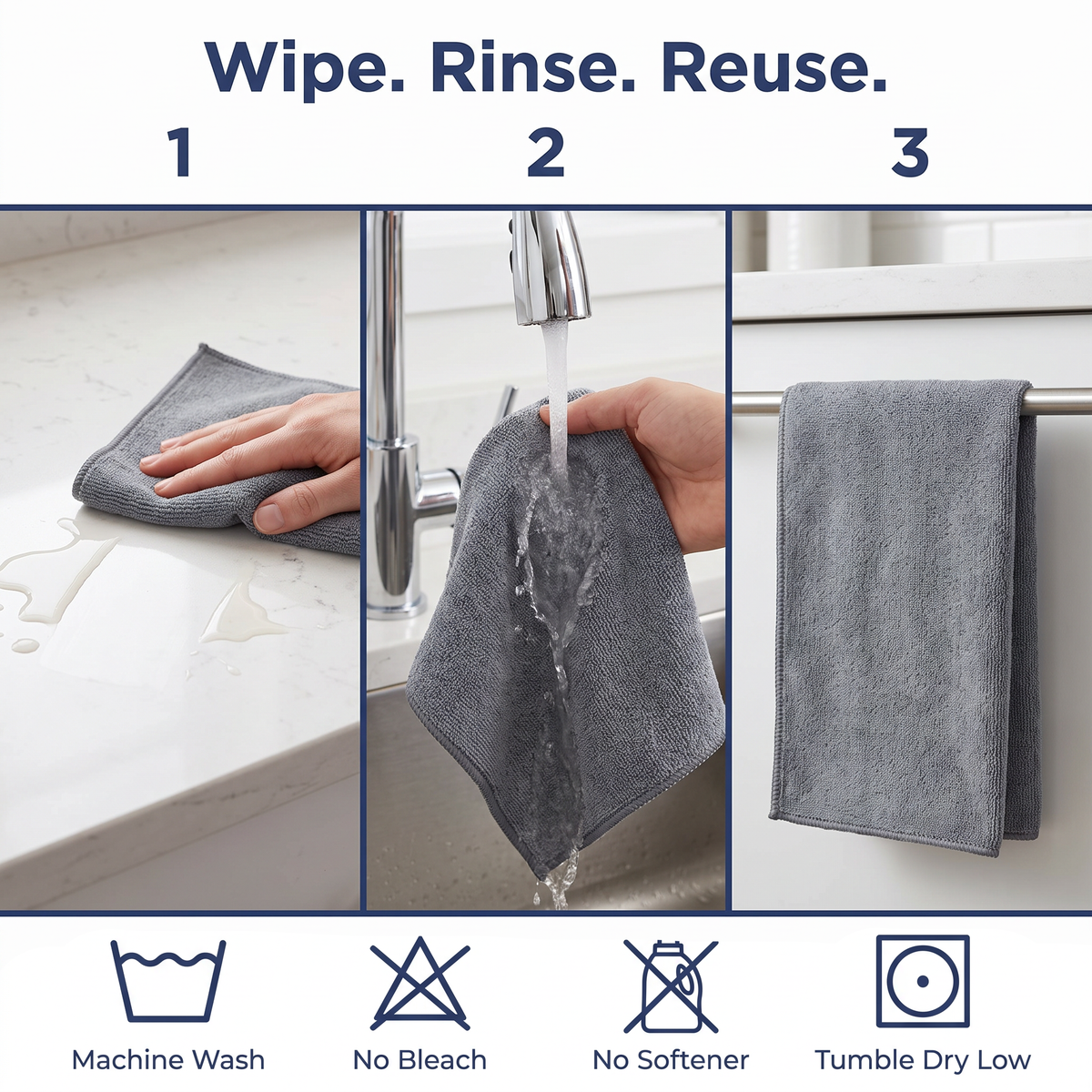 Muddy Mat® Kitchen Towels 3 Pack - Super Absorbent Microfiber Dish Cloths, Quick Dry Soft Cleaning Towels for Dishes, Counters and Spills, Machine Washable, Grey 11.8" x 11.8"