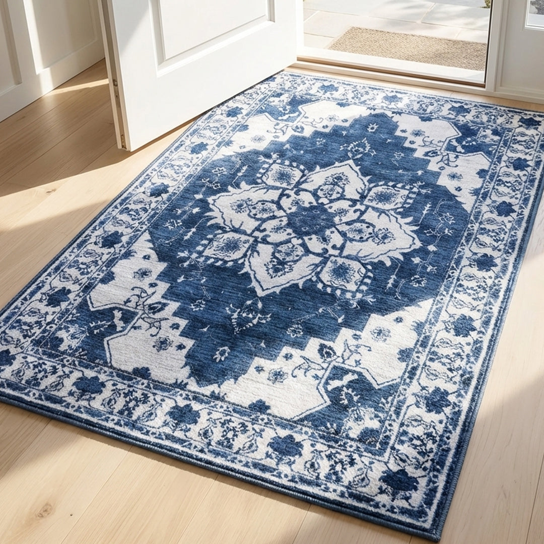 Muddy Mat® Navybell Washable Area Rugs for Living Room, Bedroom & Dining Room – Modern Soft Low Pile Non Slip Carpet – Pet Friendly Waterproof Foldable Rugs for Home