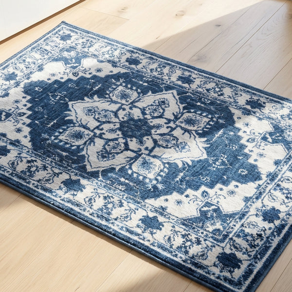 Muddy Mat® Navybell Washable Area Rugs for Living Room, Bedroom & Dining Room – Modern Soft Low Pile Non Slip Carpet – Pet Friendly Waterproof Foldable Rugs for Home