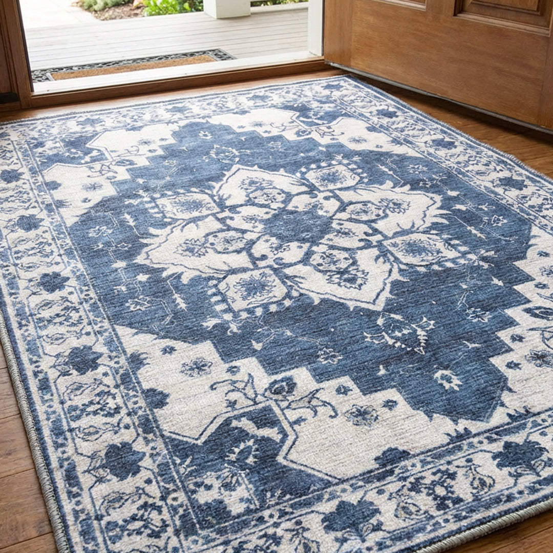 Muddy Mat® Navybell Washable Area Rugs for Living Room, Bedroom & Dining Room – Modern Soft Low Pile Non Slip Carpet – Pet Friendly Waterproof Foldable Rugs for Home