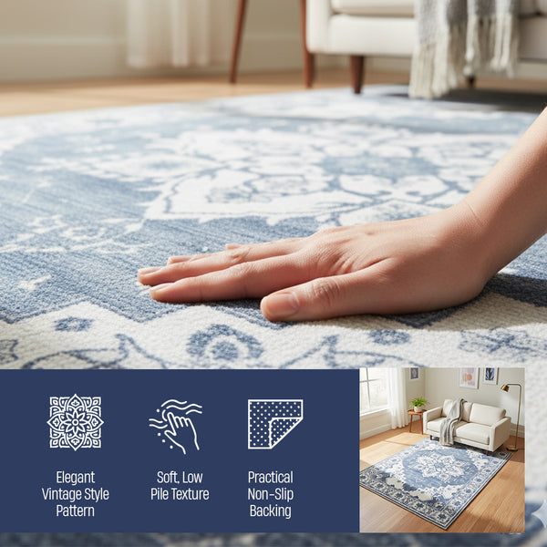 Muddy Mat® Navybell Washable Area Rugs for Living Room, Bedroom & Dining Room – Modern Soft Low Pile Non Slip Carpet – Pet Friendly Waterproof Foldable Rugs for Home