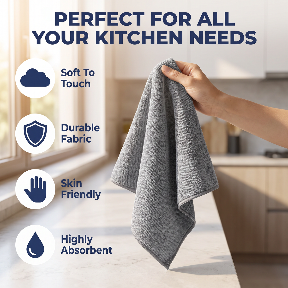 Muddy Mat® Kitchen Towels 3 Pack - Super Absorbent Microfiber Dish Cloths, Quick Dry Soft Cleaning Towels for Dishes, Counters and Spills, Machine Washable, Grey 11.8" x 11.8"