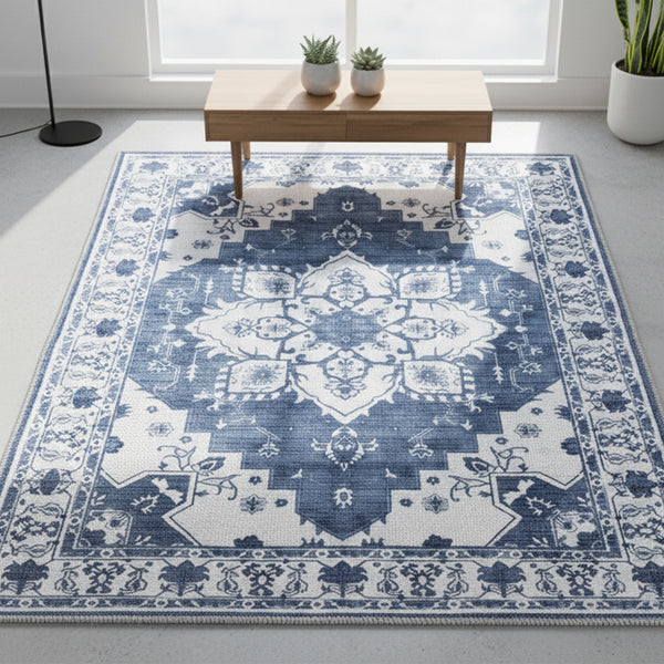 Muddy Mat® Navybell Washable Area Rugs for Living Room, Bedroom & Dining Room – Modern Soft Low Pile Non Slip Carpet – Pet Friendly Waterproof Foldable Rugs for Home