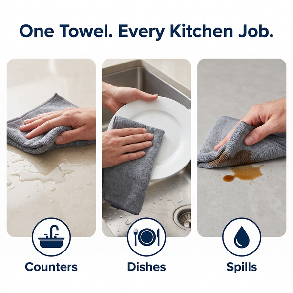 Muddy Mat® Kitchen Towels 3 Pack - Super Absorbent Microfiber Dish Cloths, Quick Dry Soft Cleaning Towels for Dishes, Counters and Spills, Machine Washable, Grey 11.8" x 11.8"
