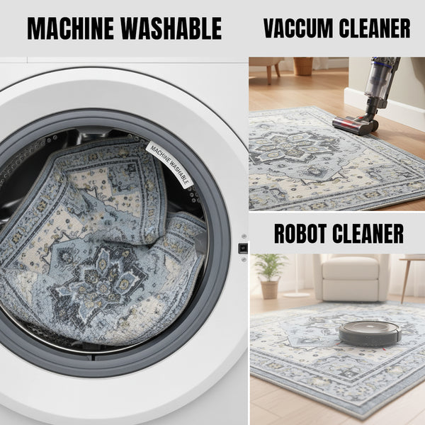 Muddy Mat® Azure Washable Area Rugs for Living Room, Bedroom & Dining Room – Modern Soft Low Pile Non Slip Carpet – Pet Friendly Waterproof Foldable Rugs for Home