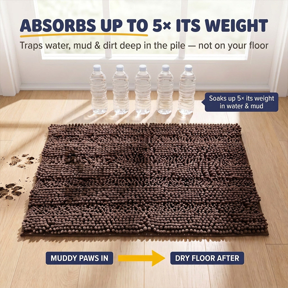 Muddy Mat® StripeMax Dog Floor Mat for Muddy Paws – Thick Plush Striped Chenille Muddy Carpet®, Super Water Absorbent Microfiber, Quick Dry, Slip Resistant Washable Indoor Mat