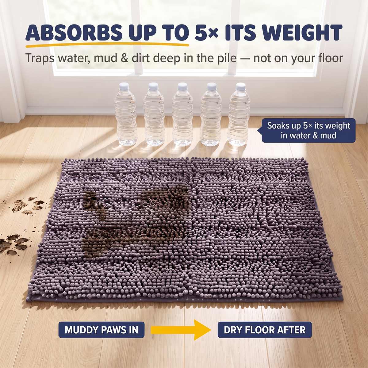 Muddy Mat® StripeMax Dog Floor Mat for Muddy Paws – Thick Plush Striped Chenille Muddy Carpet®, Super Water Absorbent Microfiber, Quick Dry, Slip Resistant Washable Indoor Mat
