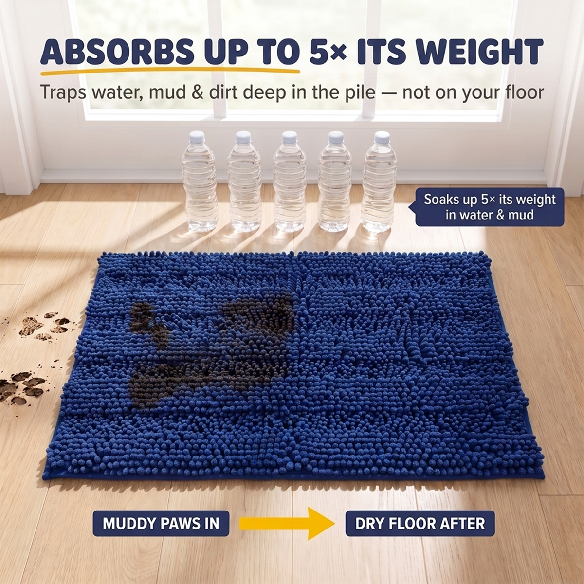 Muddy Mat® StripeMax Dog Floor Mat for Muddy Paws – Thick Plush Striped Chenille Muddy Carpet®, Super Water Absorbent Microfiber, Quick Dry, Slip Resistant Washable Indoor Mat