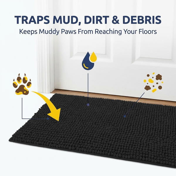 Muddy Mat® T.Max Dog Door Mat for Muddy Paws – Dirt-Trapping Chenille Entryway Muddy Carpet®, Super Water Absorbent Microfiber, Quick Dry, Slip Resistant Washable Indoor Mat