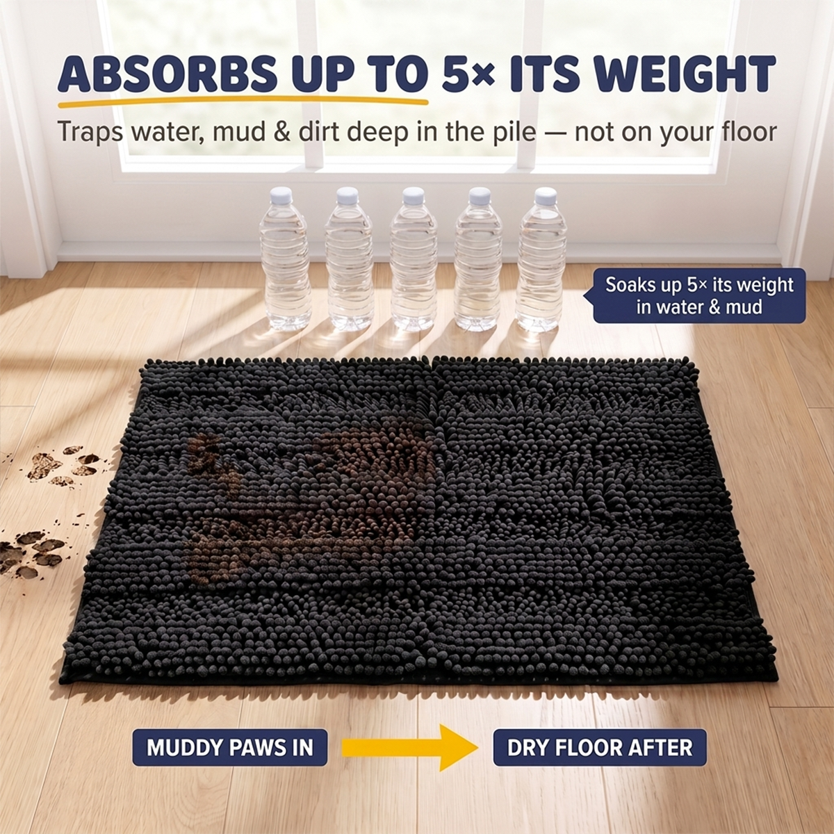 Muddy Mat® StripeMax Dog Floor Mat for Muddy Paws – Thick Plush Striped Chenille Muddy Carpet®, Super Water Absorbent Microfiber, Quick Dry, Slip Resistant Washable Indoor Mat