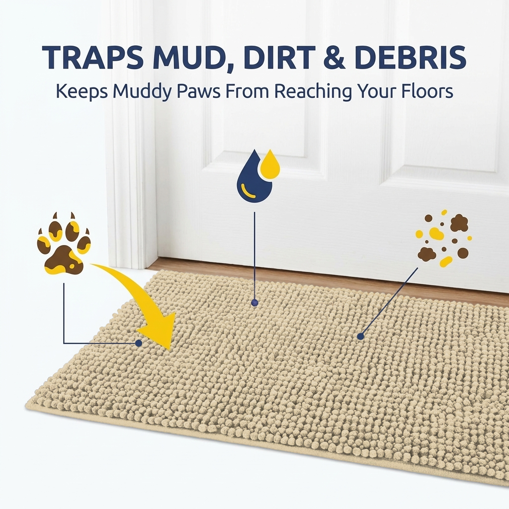 Muddy Mat® T.Max Dog Door Mat for Muddy Paws – Dirt-Trapping Chenille Entryway Muddy Carpet®, Super Water Absorbent Microfiber, Quick Dry, Slip Resistant Washable Indoor Mat