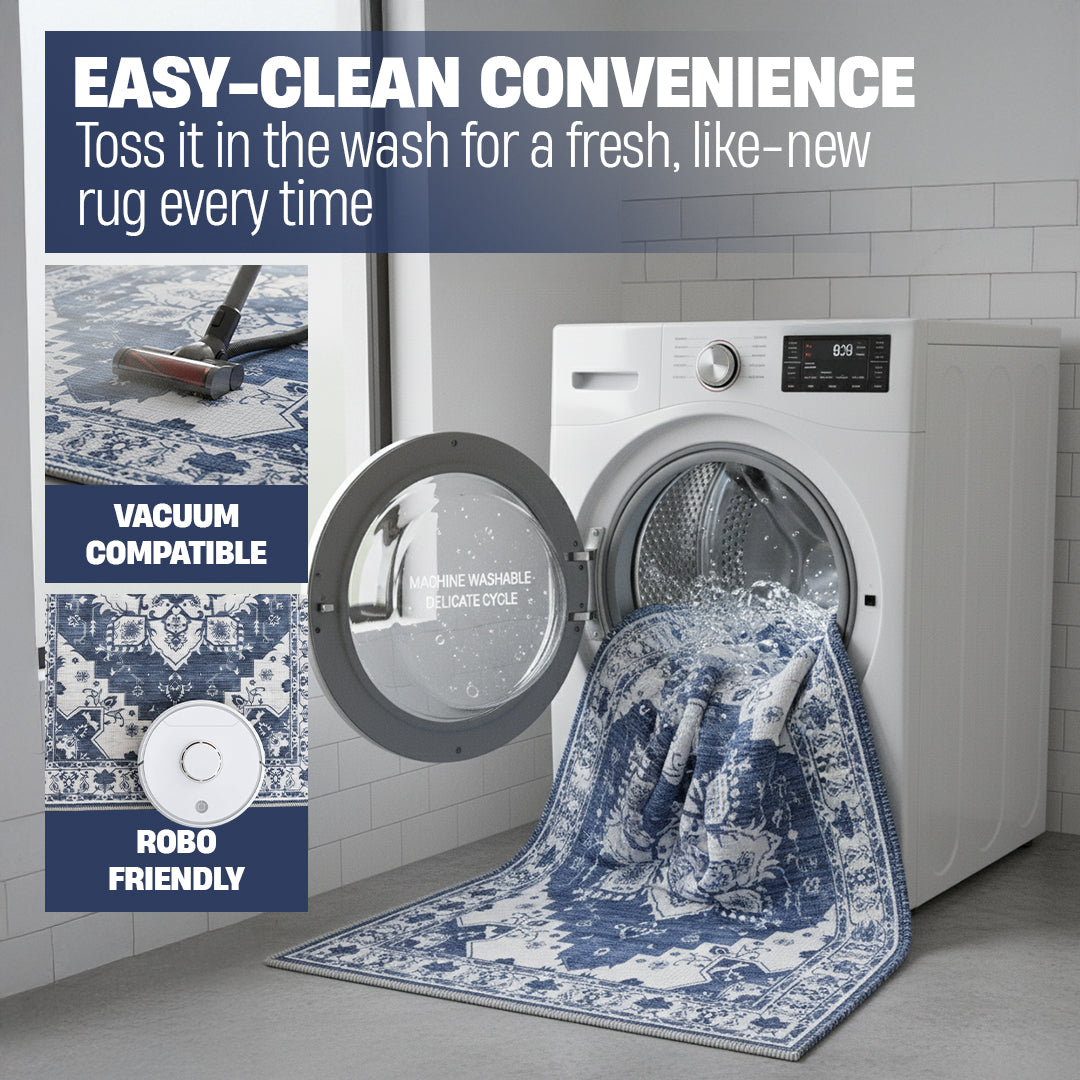 Muddy Mat® Navybell Washable Area Rugs for Living Room, Bedroom & Dining Room – Modern Soft Low Pile Non Slip Carpet – Pet Friendly Waterproof Foldable Rugs for Home