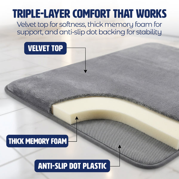 Muddy Mat® Memory Foam Bath Mat Set 2 Piece – Velvet Soft Non Slip Bathroom Rugs Set, Thick Absorbent Washable Bath Mats for Bathroom Floor and Shower, 20"x30" + 20"x20" U-Shaped