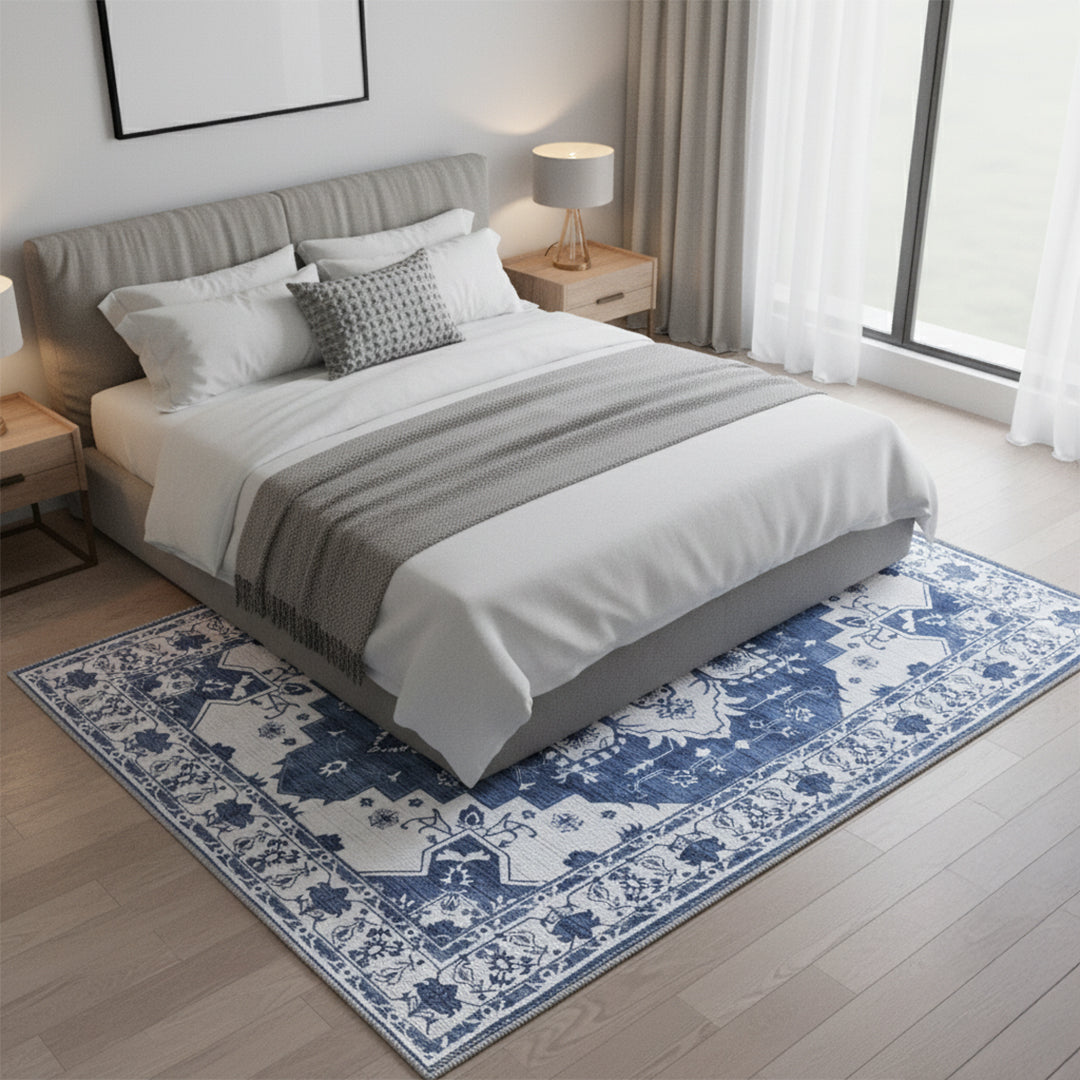 Muddy Mat® Navybell Washable Area Rugs for Living Room, Bedroom & Dining Room – Modern Soft Low Pile Non Slip Carpet – Pet Friendly Waterproof Foldable Rugs for Home