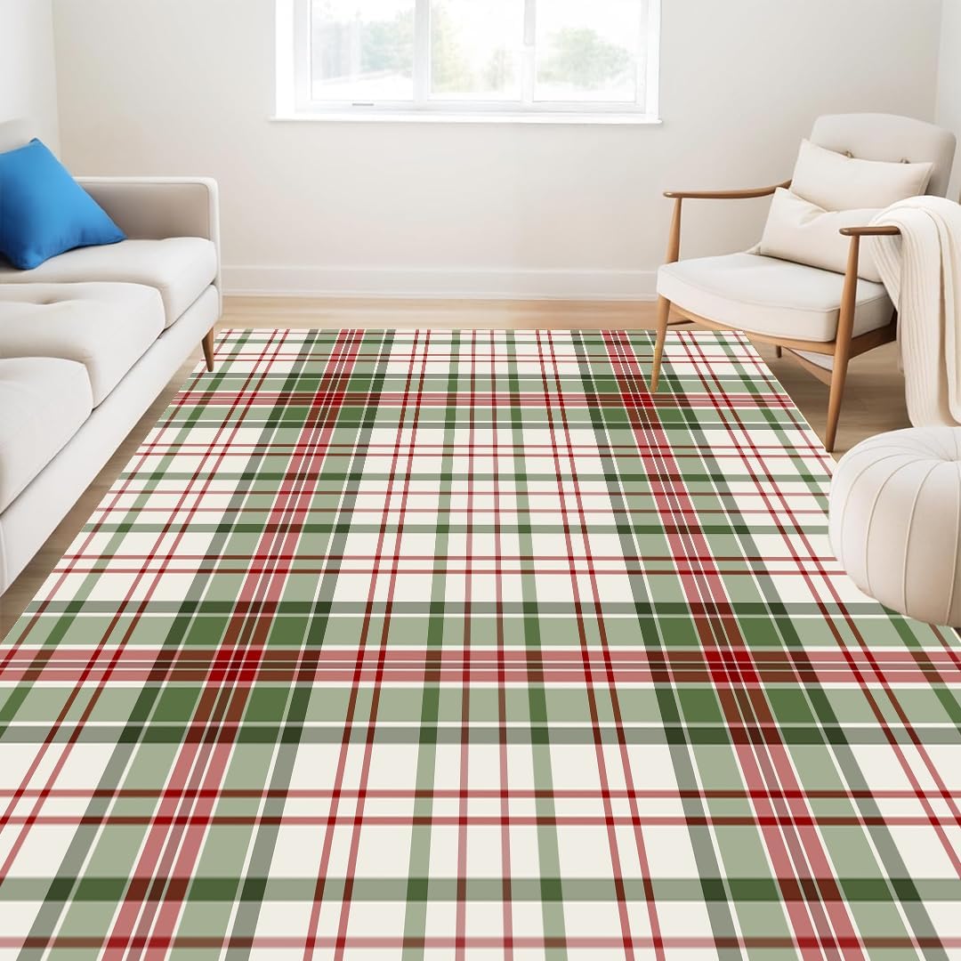 Muddy Mat® Plaid Washable Area Rugs for Living Room, Bedroom & Dining Room – Modern Soft Low Pile Non Slip Carpet – Pet Friendly Waterproof Foldable Rugs for Home