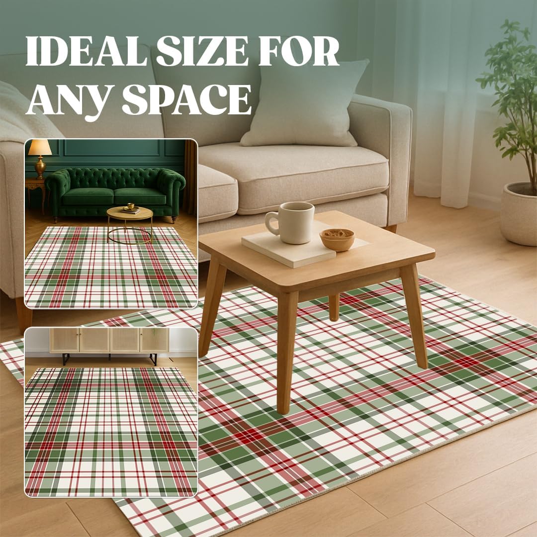 Muddy Mat® Plaid Washable Area Rugs for Living Room, Bedroom & Dining Room – Modern Soft Low Pile Non Slip Carpet – Pet Friendly Waterproof Foldable Rugs for Home