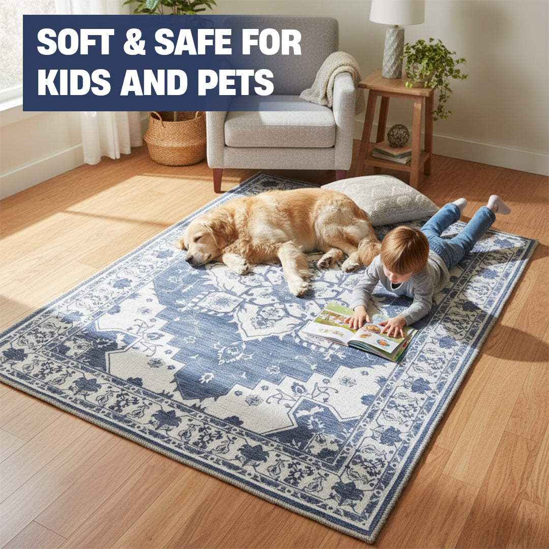 Muddy Mat® Navybell Washable Area Rugs for Living Room, Bedroom & Dining Room – Modern Soft Low Pile Non Slip Carpet – Pet Friendly Waterproof Foldable Rugs for Home