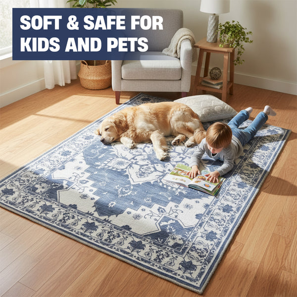 Muddy Mat® Navybell Washable Area Rugs for Living Room, Bedroom & Dining Room – Modern Soft Low Pile Non Slip Carpet – Pet Friendly Waterproof Foldable Rugs for Home