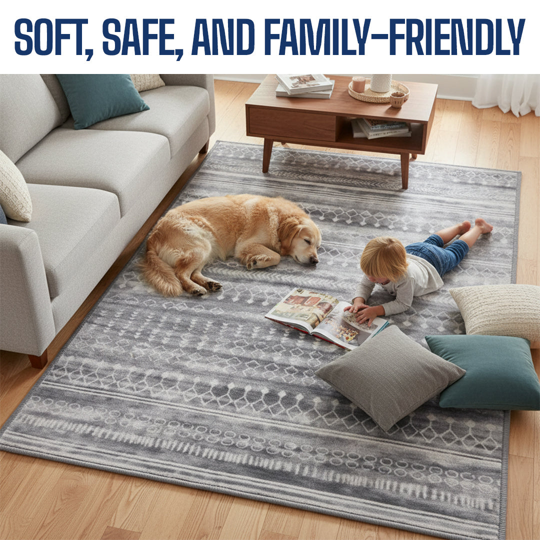 Muddy Mat® Greyline Washable Area Rugs for Living Room, Bedroom & Dining Room – Modern Soft Low Pile Non Slip Carpet – Pet Friendly Waterproof Foldable Rugs for Home