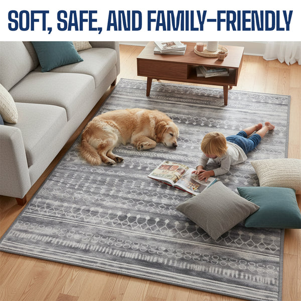 Muddy Mat® Greyline Washable Area Rugs for Living Room, Bedroom & Dining Room – Modern Soft Low Pile Non Slip Carpet – Pet Friendly Waterproof Foldable Rugs for Home