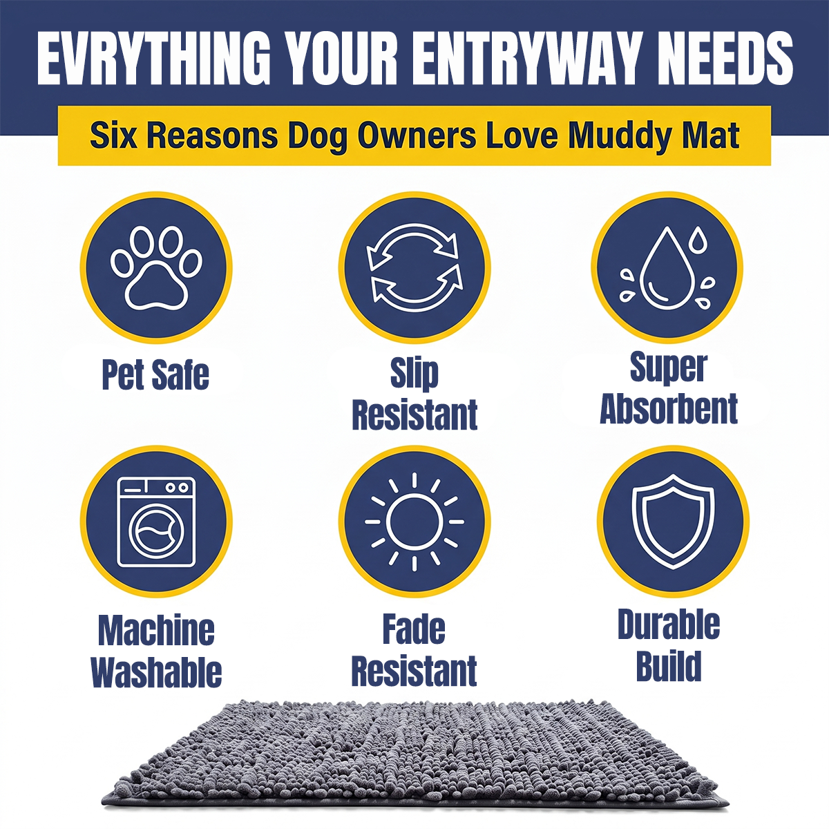 Muddy Mat® MudMax Dog Door Mat for Muddy Paws – Ultra Water Absorbing Mat Chenille Muddy Carpet® Soaks 5X Water, Microfiber Quick Dry, Slip Resistant Machine Washable Indoor Mat