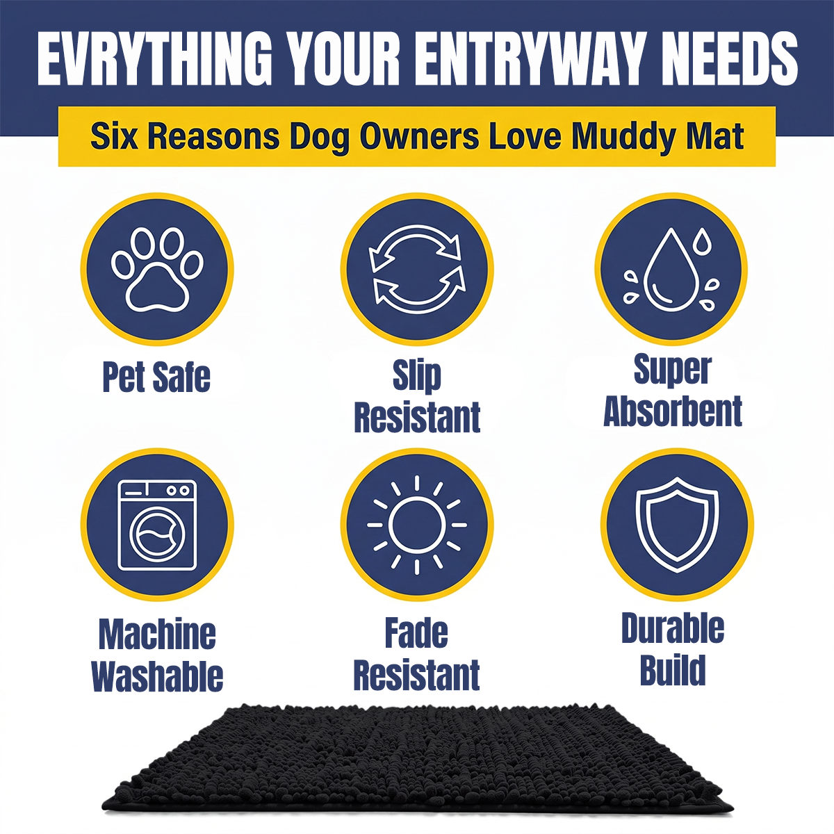 Muddy Mat® MudMax Dog Door Mat for Muddy Paws – Ultra Water Absorbing Mat Chenille Muddy Carpet® Soaks 5X Water, Microfiber Quick Dry, Slip Resistant Machine Washable Indoor Mat