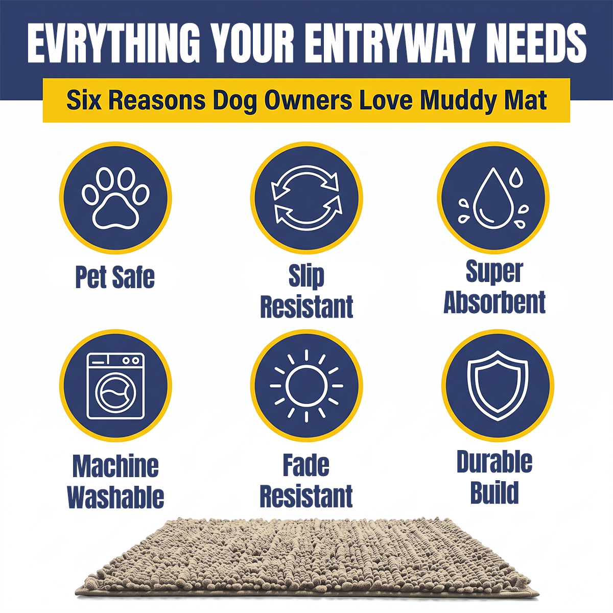 Muddy Mat® MudMax Dog Door Mat for Muddy Paws – Ultra Water Absorbing Mat Chenille Muddy Carpet® Soaks 5X Water, Microfiber Quick Dry, Slip Resistant Machine Washable Indoor Mat