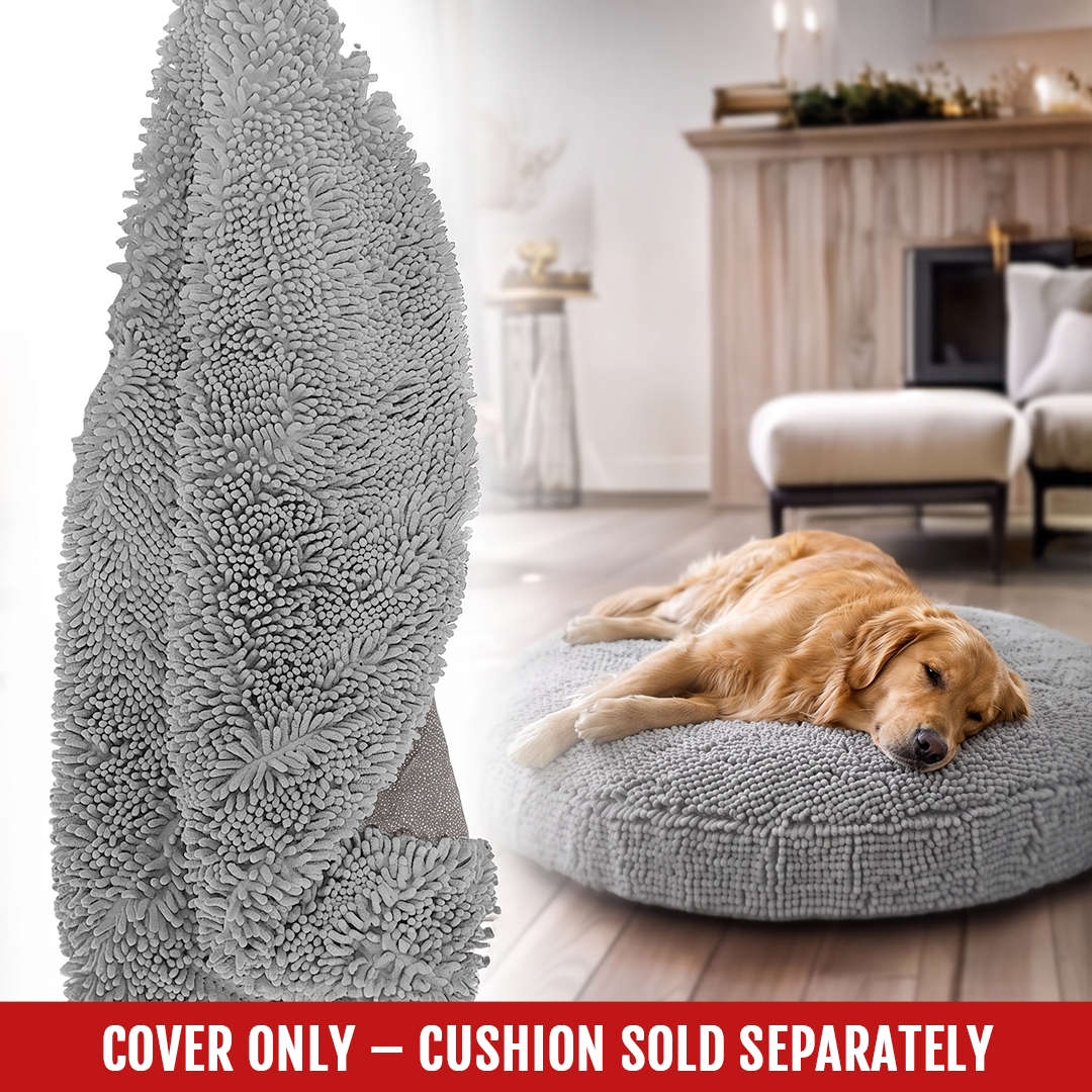 Grey Cloud K9 chenille dog bed cover showing textured fabric with a dog resting on it cover only cushion sold separately