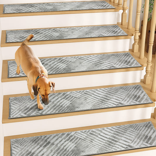 Muddy Mat® - Soft Chenille Stair Treads Non-Slip Reusable, Super Absorbent Stair Treads for Wooden Steps, Tile & Marble Floor, Easy to Install & Machine Washable - Grid 30'' x 7''