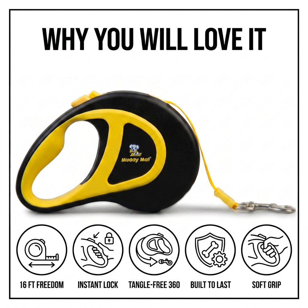 Muddy Mat® Retractable Dog Leash – 16 ft Heavy Duty Tape Leash for Small & Medium Dogs up to 44 lbs | One-Button Brake, 360° Tangle-Free | Ergonomic Grip